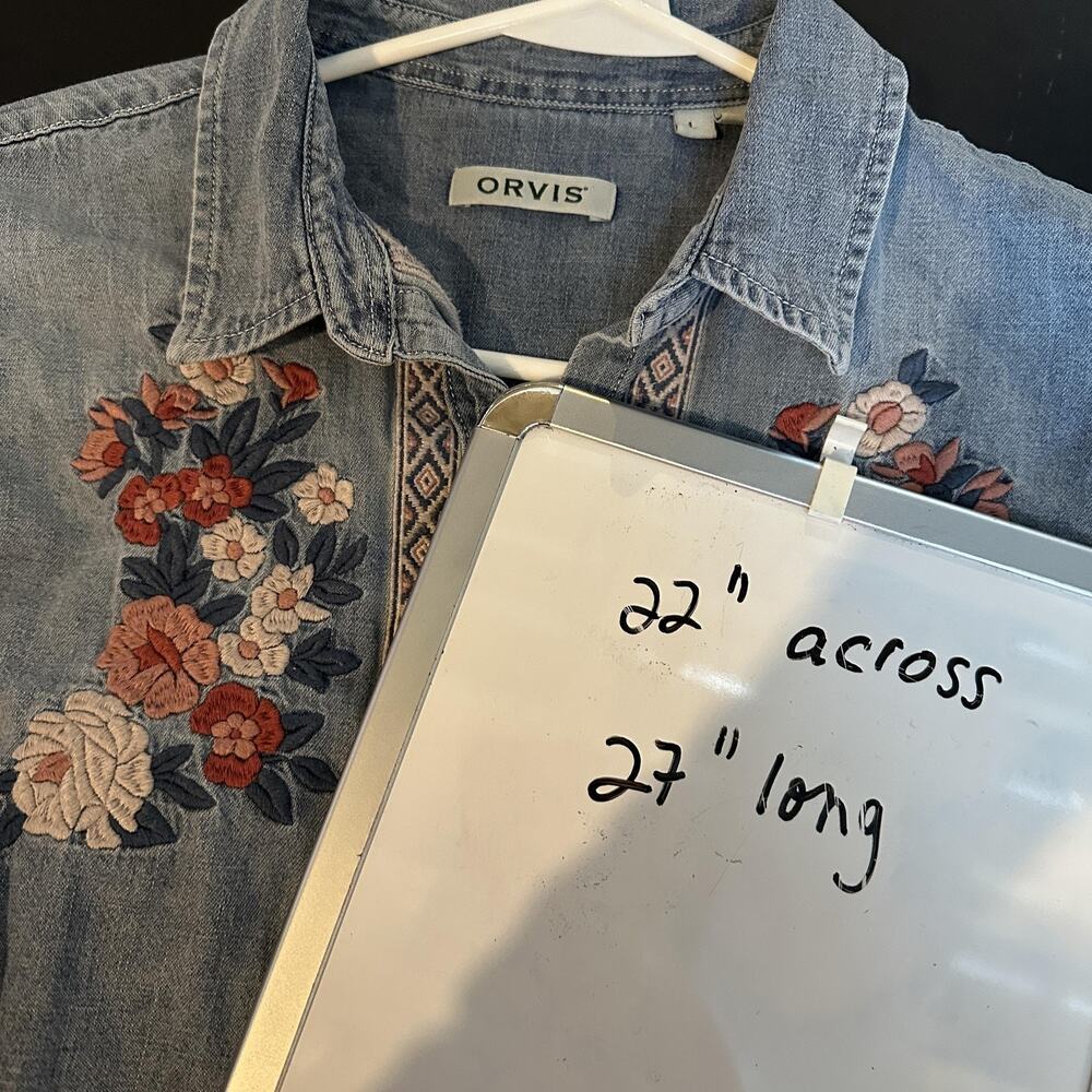 Orvis Shirt Womens Large Blue Denim Floral Embroidered Button Down Long Sleeve - Picture 12 of 12